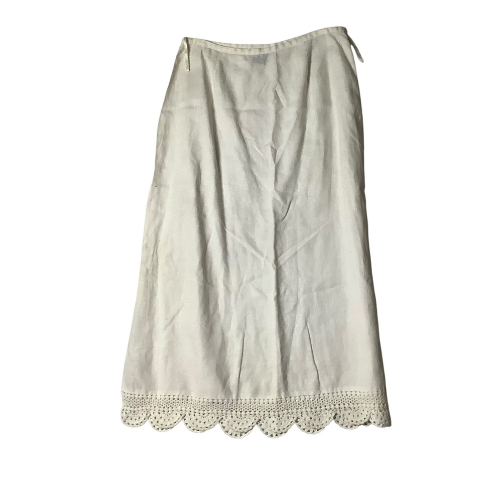 Vtg Parisian Signature White 100% Linen Crochet Trim Scallop Midi‎ Skirt Size 12